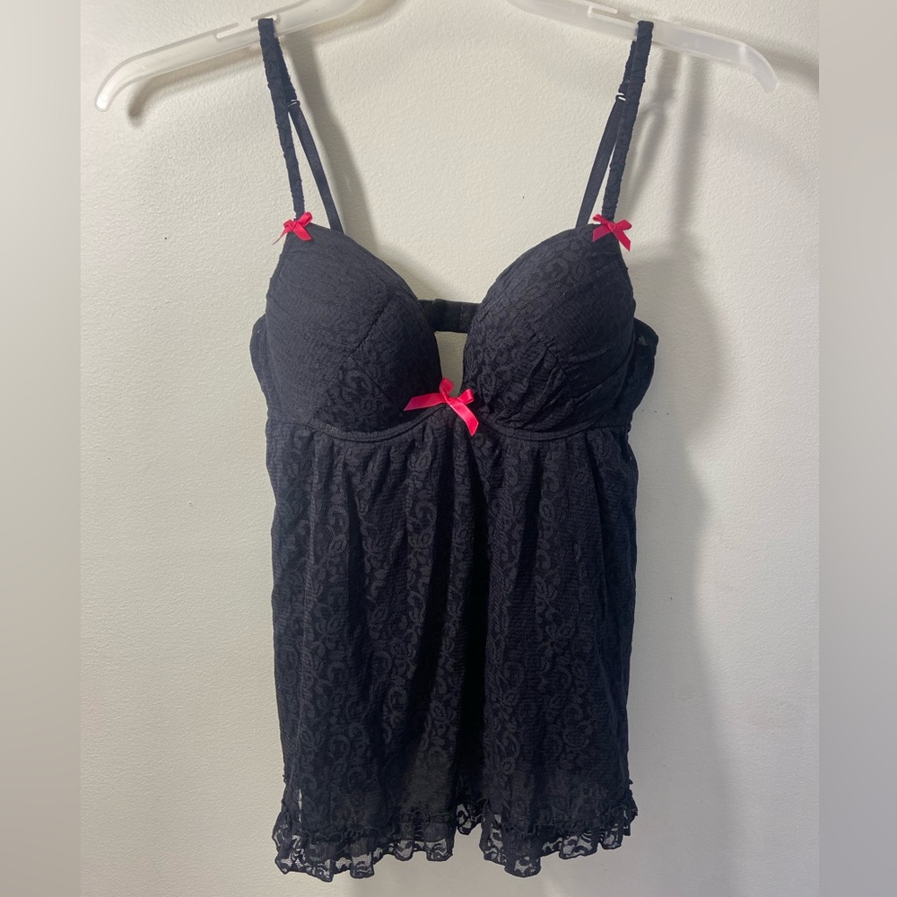 La Senza Y2K Babydoll Lingerie Top Black Lace with Pink Bows Women’s Size L